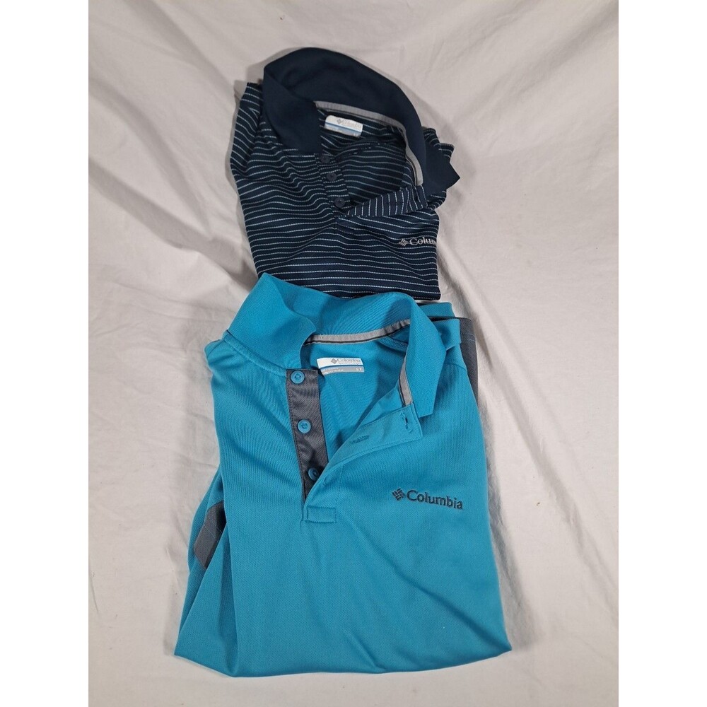 Lot (2) Womens Columbia Sportswear Sporty Polos Golf Hiking Small Blue Stripes